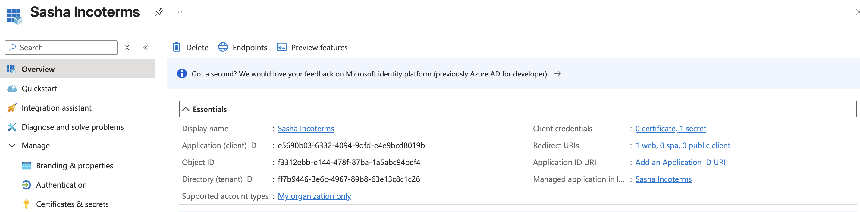 Azure API permissions page showing Microsoft Graph permissions