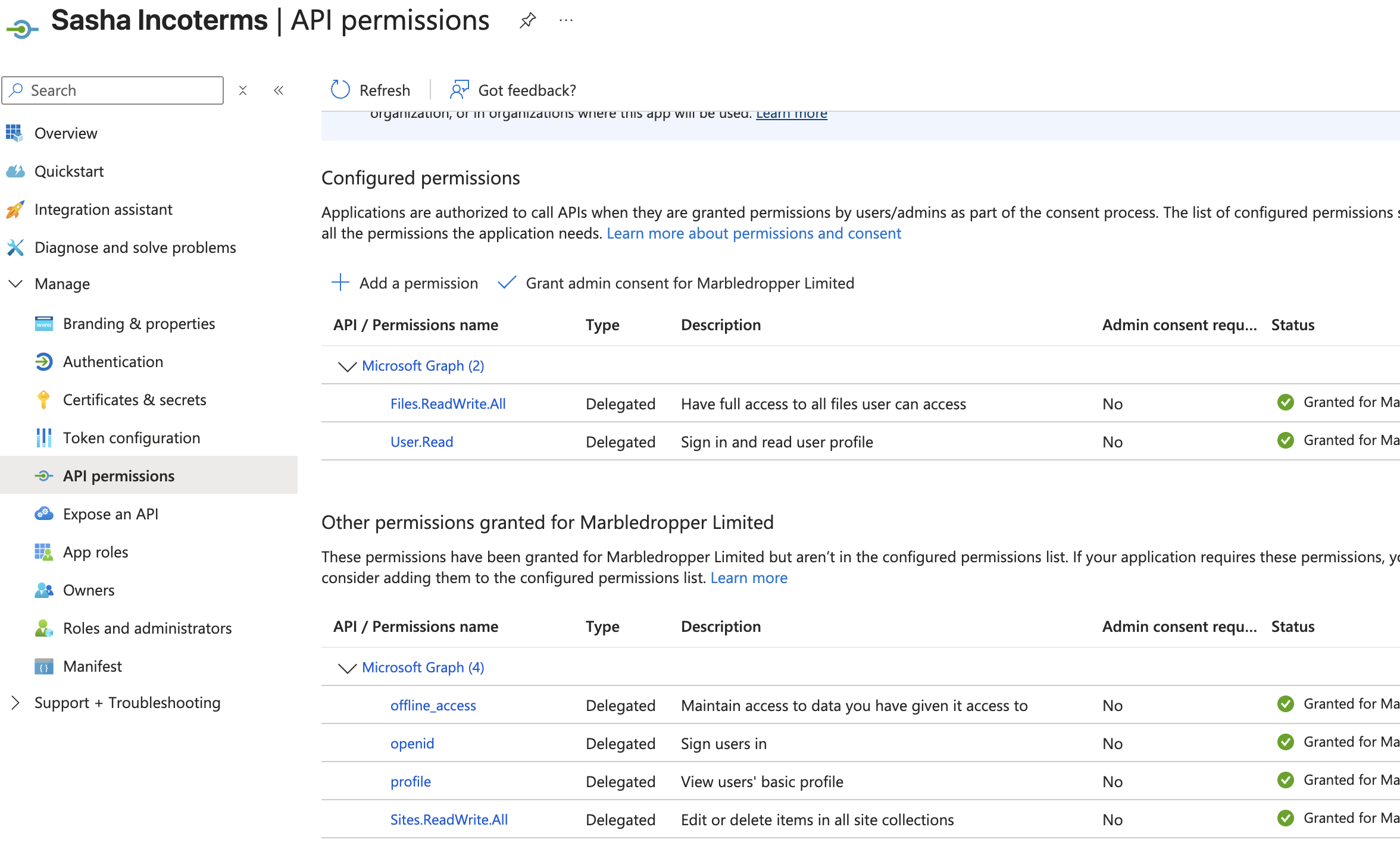 Azure App Registration Overview showing Application ID and Directory ID